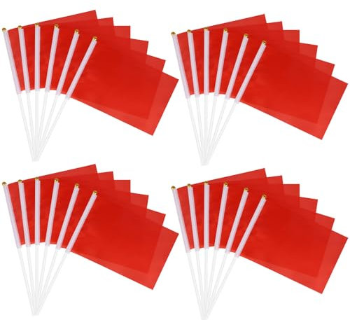 Mini Bandiere Rosse, 24 Pezzi Bandiere a Manovella, 14 x 21CM Piccola Bandiera con Asta Solida e Punta a Lancia per Eventi Sportivi, Celebrazioni e Feste