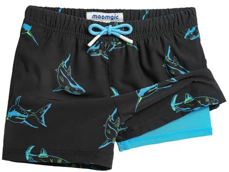 MaaMgic Badehose Jungen Kinder | Schnelltrocknend Kurz Swim Shorts für Kleine | 2 in 1 Badeshorts mit Kompression Innenhose Taschen Verstellbare Tunnelzug MEHRWE,21 Hai Navy Königsblau,5-6 Jahre