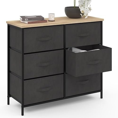 IDMarket - Commode 6 tiroirs en Tissu Alta 80 cm Gris Anthracite et Plateau Effet Bois Design Industriel