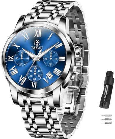Taxau Blau Herren Armbanduhr Chronograph Blaue Uhr Herren Edelstahl Analogue Quartz Herrenuhren mit Datum Wasserdicht Herrenarmbanduhr Klassische Luxus Business Männer Uhr
