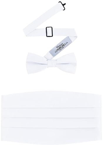 S.H. Churchill & Co. Set mit Fliege und Kummerbund aus 100 % Seide, vorgebunden, für Smoking, Hochzeit, Black-Tie-Veranstaltung, Geschenkbox, Schwarz, Weiss/opulenter Garten, Einheitsgröße