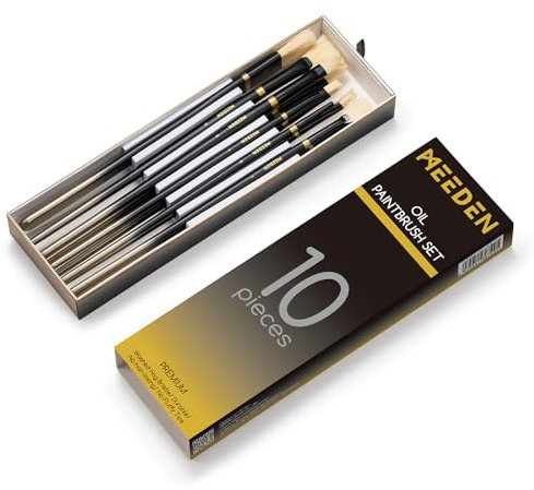 MEEDEN Oil Paint Brush Set: 10 Pcs Hog Bristle Paint Brushes with Wood Long Handle - Artist Paint Brushes for Adults Beginners - Perfect for Oil Acrylic Canvas Painting