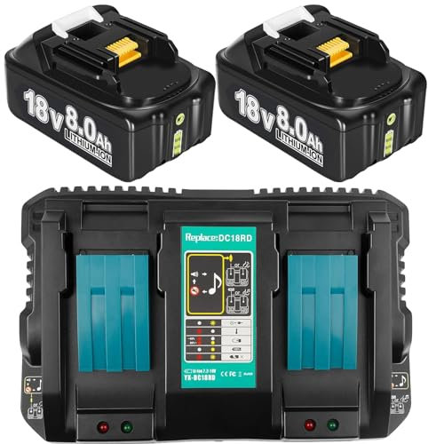 Lot de 2 batteries de rechange 8,0 Ah pour batterie Makita 4 A 18 V avec chargeur BL1860B BL1860 BL1840 BL1830 BL1860B BL1815 BL1850B BL1835 BL1850B BL1845 BL1850 194205-3 LXT-400. Avec batterie LED