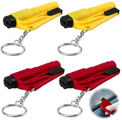 4 Pcs Coupe Ceinture Brise Vitre - Porte-clés Sécurité Voiture 3 en 1 - Brise-Vitre Urgence, Coupe-Ceinture, Sifflet de Survie, Fluorescent