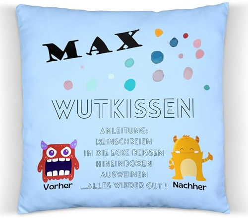 Zauberprints Personalisiertes Kissen mit lustigem Monster-Motiv, Wutkissen, Kinderzimmer Deko, Kuschelkissen für Jungen & Mädchen, Geschenk zur Einschulung, Geburtstag, Sofakissen, Weicher Kissenbezug