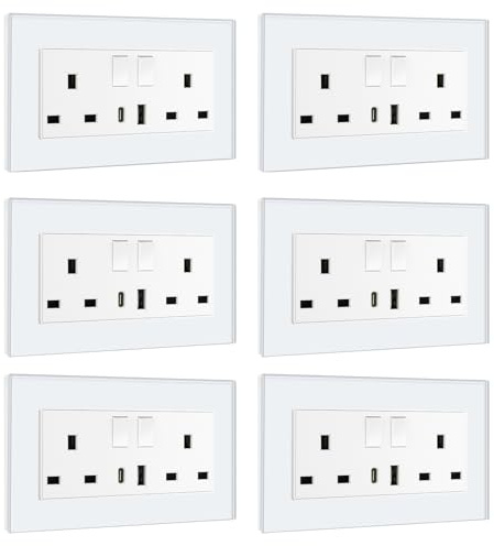 BSEED Double Switched Sockets with USB C and USB A Charging Ports, UK Standard Electric Power Sockets with Glass Panel, 2 Gang 13A Wall Socket, White, 6 Pack