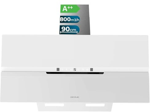 Cecotec Dekorative Dunstabzugshaube 90 cm Bolero Flux Dt 908010 Glass White A++. Mattweiße Glasoptik, Saugleistung 800 m³/h, 210-W-Motor, Automatische Öffnung, Kohlefilter