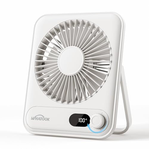 WHATOOK USB-Tischventilator: Stufenlos 1-100 Regler, Leiser 2000mAh Akku Tragbarer Lüfter mit LED-Anzeige, Sicher für Kinder/Haustiere, Ultra-Kompakt für Büro, Zuhause, Küche, Reise(Weiß)