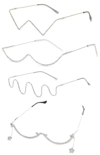 JDRGJTH 6 Stück Brillen ohne Linse Diamant Brillen Rahmen V-Form Strass Sonnenbrille Halbrahmen Kristall Metall Brillen für Frauen Mode Tropfen Linsenlose Kette Anhänger Dekoration Brillenrahmen,
