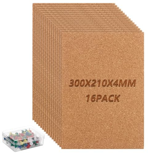GBACHOOSE Lot de 16 plaques de liège 30 x 21 cm - Plaque en liège de 4 mm - Tableau d'affichage carré en liège avec punaises - Tapis en liège - Tableau d'affichage - Carreaux en liège pour décoration
