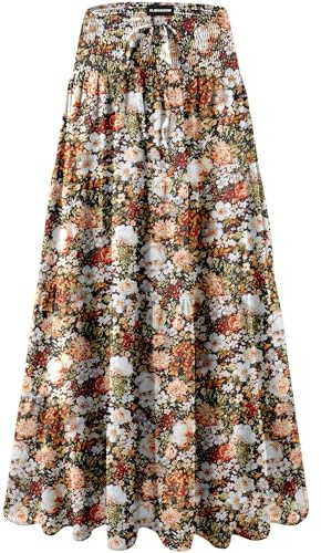 MJBGSHOW Damen-Maxi-Röcke mit Rüschen: hohe Taille, elastisch, plissiert, langer Rock, Sommer, lässig, Boho, fließender Rock mit Kordelzug