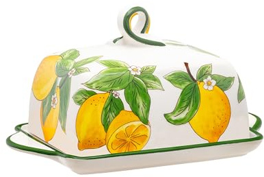 Large Ceramic Butter Dish with Lid – Lemon Design Butter Keeper, Covered Butter Container, Vintage Style Butter Holder for Kitchen Counter