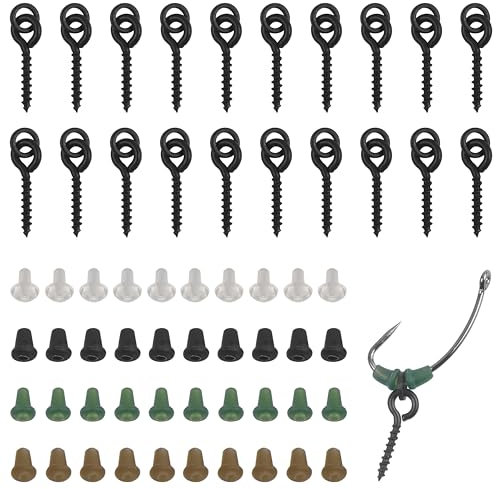 60Pcs Bait Screws Set 40Pcs Hook Stops Rubber Shank Beads and 20Pcs Fishing Bait Screws, Carp Boilie Bait Screw Rings Rubber Earring Stopper Fishing Accessories