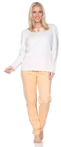 Normann Damen Schlafanzug Langarm Pyjama in Tupfen Punkte Optik - auch in Übergrößen, Farbe:apricot, Größe:40-42