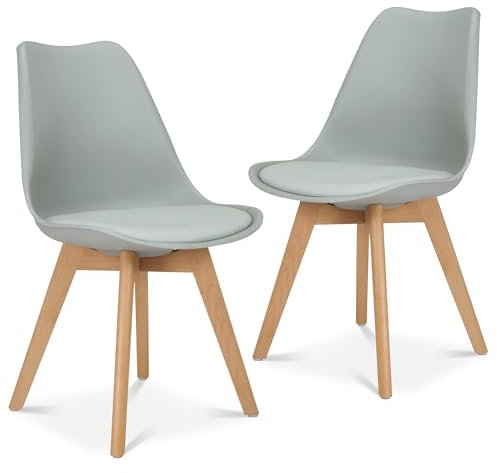 Bravich Set Of 2 Rocco Dining Chairs- Silver. Faux Leather Upholstered Dining Chair With Natural Wooden Legs, Cushion Pad Seat & Back Support For Kitchen Table- 42 x 42 x 81cm.