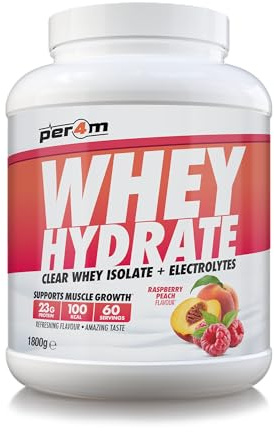 Per4m Whey Hydrate | 23g Whey Isolate & Aquamin Electrolytes | Muscle Growth & Hydration | Clear, Refreshing & Low in Sugar | 60 Serving (1.8kg, Raspberry Peach)