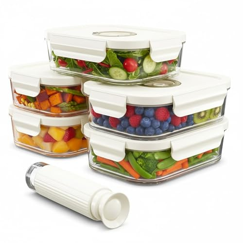Spares2go Vacuum Food Storage Glass Containers with Securing Clips Lids (Pack of 5, Medium, 1040ml) + Manual Sealing Pump
