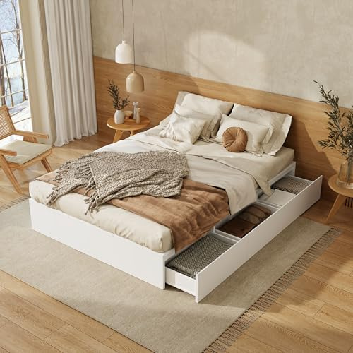 BXEYXE Stauraumbett 140 x 200 cm,Palettenbett, Doppelbett, Funktionsbett, Massivholzbett, mit Stauraumbox unter dem Bett, mit Schubladen, mit Stauraum, ohne Matratze, weiß