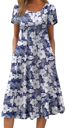 Zeagoo Sommerkleid Damen Elegant Kleid Rundhals Plissee Strandkleid Kurzarm Puffärmel Midikleid Casual A-Linie Kleid mit Taschen S-XXL