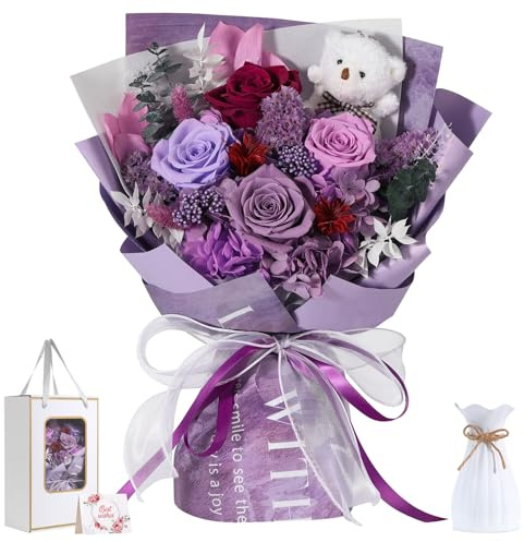 Emibele Bouquet Fiori Conservati Regali con Orso, Fiori per Consegna Prime | 4 Rose Viola Vere, Regalo Festa Mamma per Mamma, Regalo San Valentino per Lei, Regalo Anniversario per Moglie