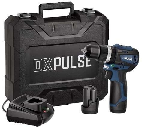 DX Pulse 12V Cordless Combi Drill Kit - Brushless Hammer Drill Driver | 2 x 2.0Ah batteries, charger, 10mm metal chuck, 21+3 torque settings, case and bits for DIY and professional use.