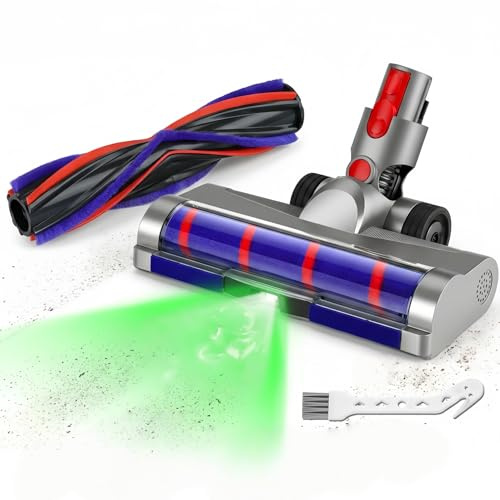 LED Green Light Replacement Head for Dyson V15 V11 V10 V8 V7 Cordless Vacuum Cleaner, Quick Release Motorhead Attachment with Anti-Tangle Carpet Brush and Soft Roller for Hard Floor