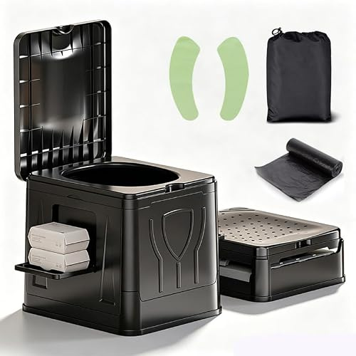 Thxsht Camping Toilette Faltbar - Outdoor Camping und Wohnmobilzubehör | Mobile Campingtoilette - max 150 kg mit Deckel, Toilettenpapierhalter, Müllbeutel, WC-Sitz & Aufbewahrungstasche, Schwarz