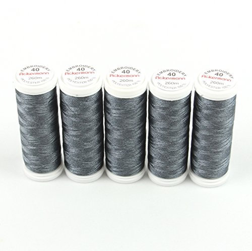 Ackermann® Embroidery (5X 260m) Maschinen STICKGARN, hochglänzendes und reißfestes Garn für die Näh- und Stickmaschine (2907 Dunkelgrau)