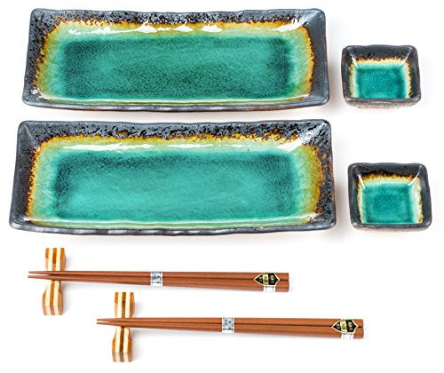 Zen Minded Japanese Sushi Plate Set with Sauce Dishes and Chopsticks - Crackleglaze