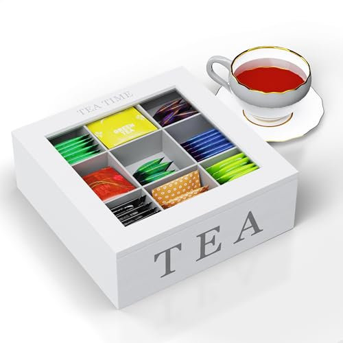 Oramics Teebox mit 6 oder 9 Fächern in Weiß oder Schwarz im edlen Holzdesign Teekiste Tee Aufbewahrung inklusive E-Book (Weiß, 9 Fächer)