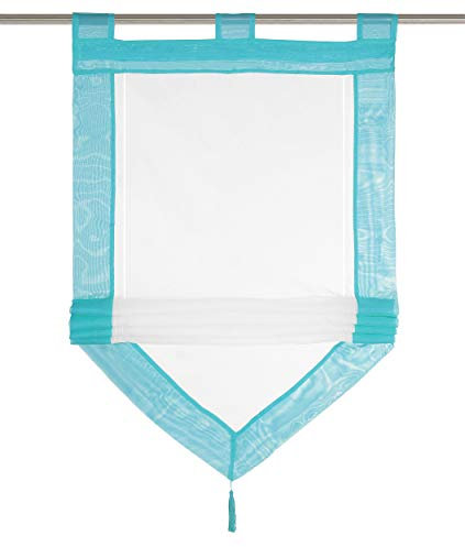 Raffrollo mit Quaste Dreieck Raffgardine Voile Transparent Schlaufen Vorhang (BxH 100x140cm, Hellblau)