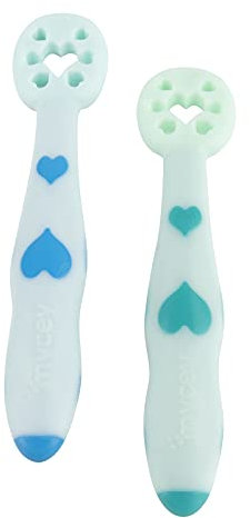 Mycey Soft Tip Puree Dipper - First Self-Feeding Weaning Spoons, Chunky Handles, Reversible, Grips Food Easily,FlexiDip, Baby Starter Spoon, Ideal BLW,Baby Starter Smoosh Spoon, 4m+, Pack of 2 - Blue