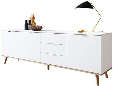 Newfurn Sideboard Kommode Skandinavisch Anrichte Highboard Mehrzweckschrank II 200x68x 40 cm (BxHxT) II [Elia.Seven] in Weiß/Weiß Wohnzimmer Schlafzimmer Esszimmer
