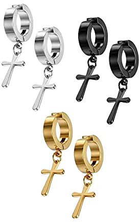 LEEQ Schmuck Unisex Creolen Ohrringe Edelstahl Kreuz Ohrh?nger ohne Loch Fake Ohrstecker Ohrclips Klappcreolen (Silber+gold+schwarz(3 Paar)