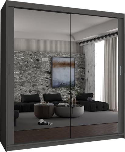 MN Furniture Houston Double Mirror Space Saving Bedroom Sliding Door Wardrobe 100cm/120cm/150cm/180cm/203cm (Grey, 180cm)