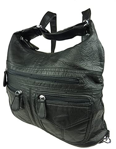 kennydoo Rucksacktasche I 2in1 Damen Rucksack und Handtasche in Einem I Schultertasche einfarbig uni und batik I Damen-Tasche sportlich & leger (AK3435 schwarz)