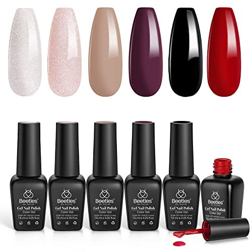 Beetles Gel Nail Polish Classic Set - Classic Queen 6 Colors Red Black Nude White Pink Glitters Nail Gel Polish Soak Off LED Kit Manicure