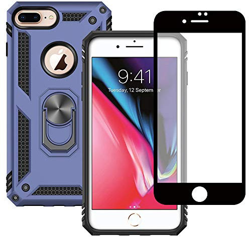 Yiakeng iPhone 8 Plus/7 Plus Case with Screen Protector, Silicone Shockproof Military Grade Protective Phone Cover with Ring Kickstand (Blue)