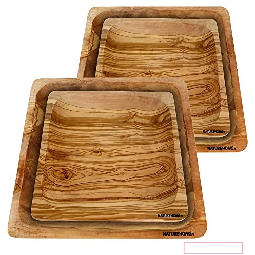 NATUREHOME Juego de 4 platos de madera cuadrados de 20/26 cm, madera de olivo, platos macizos apilables, juego para 2 personas, para el hogar, el trabajo, vacaciones, picnic, senderismo