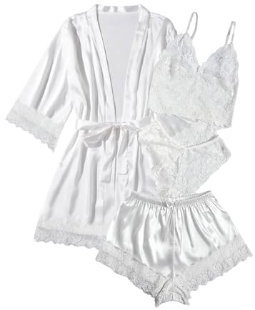 WDIRARA Women's Silk Satin 4pcs Pajamas Set Sleepwear with Robe