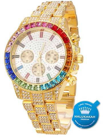 Halukakah Gold Uhr Diamanten Mehrfarbig, Herren 18K Echtes Gold Plattiert 40MM Breite Weiß Zifferblatt Quarz Armband 21cm,Kostenlose Geschenkbox