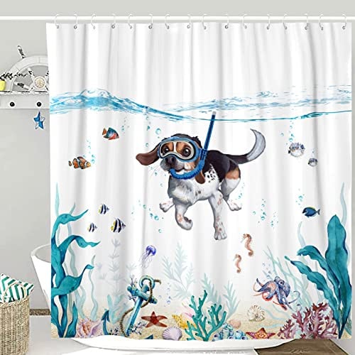 Lifeella Lustiger Hunde-Duschvorhang, blaugrün, Meer, Ozean, wasserdichter Stoff, Duschvorhänge für Badezimmer mit Tier, Oktopus, Seestern, Schildkröte, Anker, Fisch, nautischer Badezimmervorhang