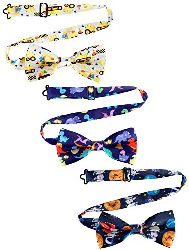 Newcotte 3 Pcs Boy's Bow Ties for Kids Toddler Child Cute Adjustable Costume Pre Tied Bowties for Kids Wedding Birthday Party (Truck, Dinosaur, Spacemen)