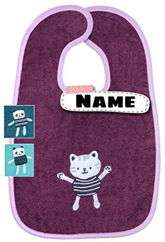 Baby Lätzchen mit Klettverschluss | 100% Baumwolle | bestickt mit Namen | Riesen Lätzchen | Baby Latz | personalisiert | Spucktücher (Katze Lila)
