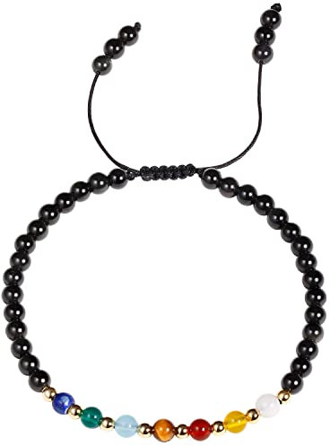 Jewboo 7 Chakra Bracelets for Women Real Stone Lucky Rope Crystal Bead Bracelet Crystals and Healing Stones Jewelry Birthday Gifts (Black Obsidian)