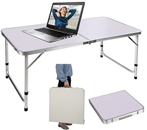 4ft Adjustable Height Folding Computer Table PC Office Workstation, Compact Small Save Space Aluminium Foldable Apartment Laptop Desk, Fold Up Side Table Portable Outdoor Camping Picnic Dining Table