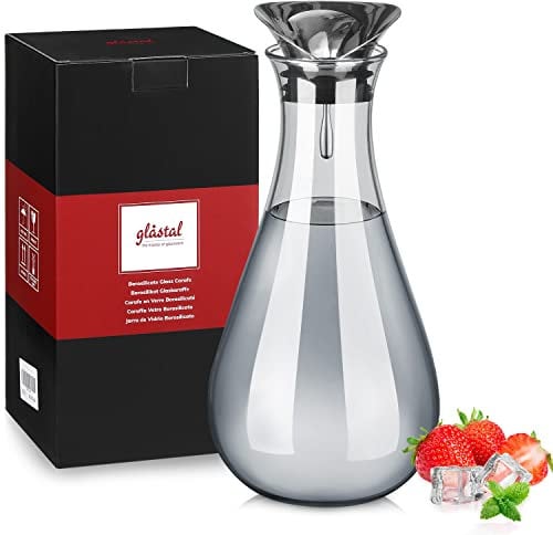 glastal Glaskaraffe 1.8L Wasserkaraffe Karaffe Glas mit Edelstahl Deckel, Schwarz Borosilikatglas Glaskrug Wasserkrug Saftkrug Getränkekrug Glaskanne für Heißes/Kaltes Wasser, Milch,Tee, Kaffee