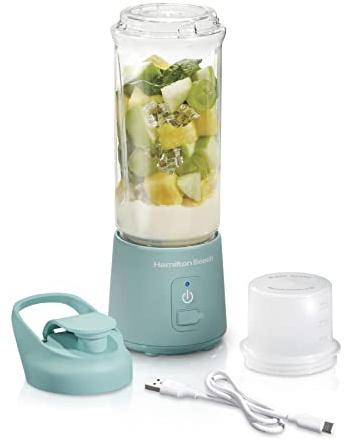 Hamilton Beach Batidora personal portátil inalámbrica para batidos y batidos, recargable por USB, tarro de 16 onzas con tapa de viaje a prueba de fugas, 6 cuchillas de acero inoxidable, azul (51182)