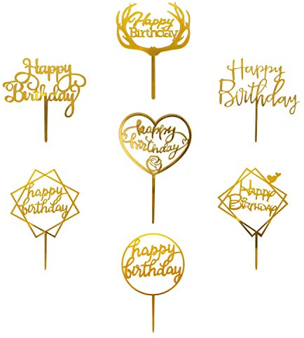 Happy Birthday Cake Toppers 7 pcs Acrylic Cake Toppers Cupcake Toppers Cake Decorations Party Supplies for Children Adults Cake Desserts Pastries, 7 Styles (Gold)