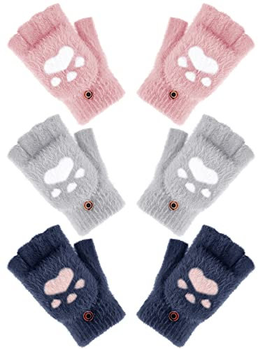 Bencailor 3 Paar Warme Fingerlose Fäustlinge mit Klappe Katzenpfote Winter für Frauen bei Kaltem Wetter (Hellgrau, Rosa, Marineblau)